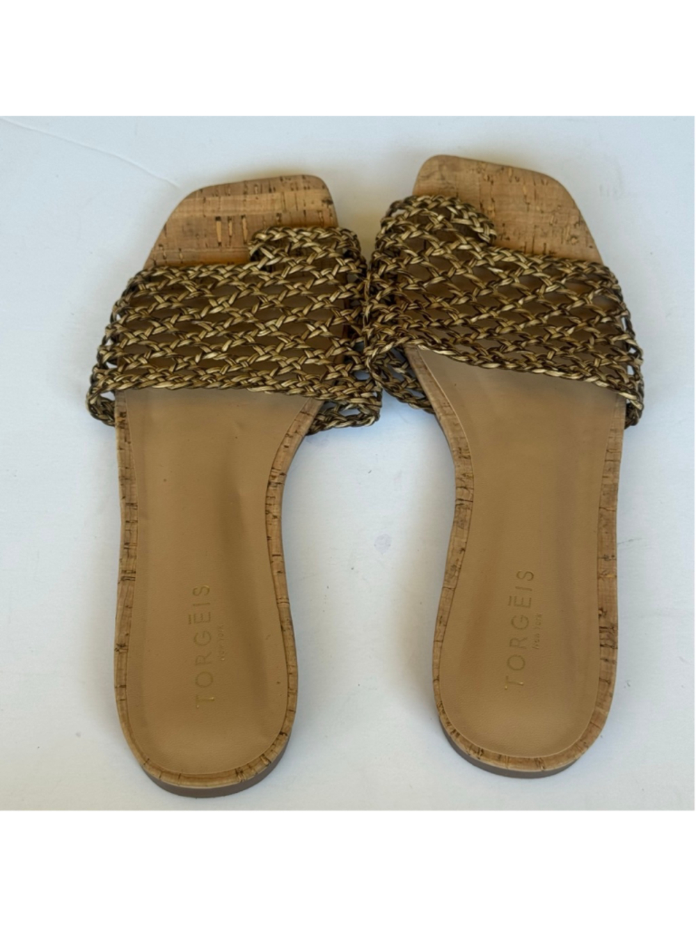 Torgeis New York Woven Slide Sandals Women’s Size 9 Bronze Gold Cork Footbed Sum - Picture 3 of 7